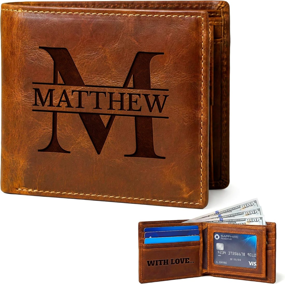 Grand Way Engraved Leather Bifold Wallet