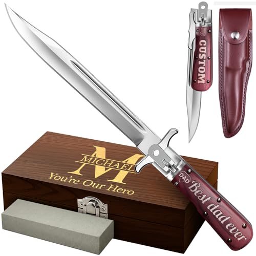 Grand Way Engraved Retro Long Folding Knife — Wood / Leather