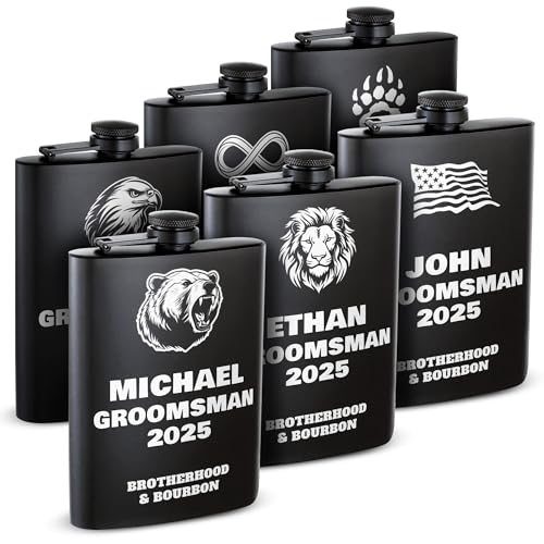Grand Way Engraved Groomsmen Flask Set of 6 — Matte Black × 6