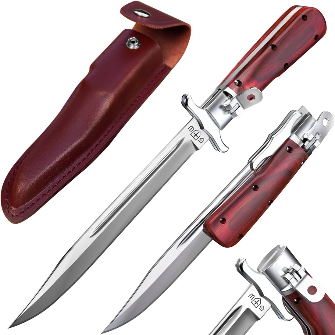 Grand Way Retro Long Folding Knife with Leather Sheath