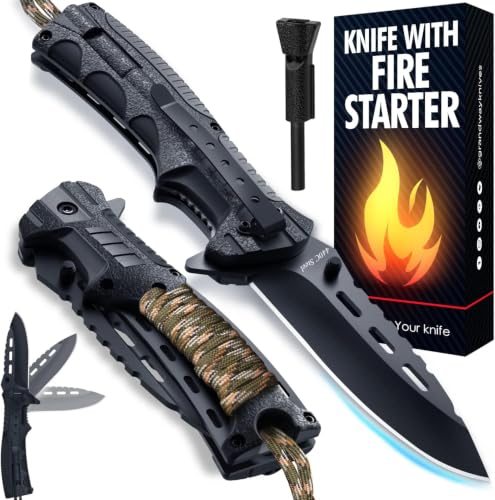 Grand Way Survival Pocket Knife with Fire Starter — Black / Paracord